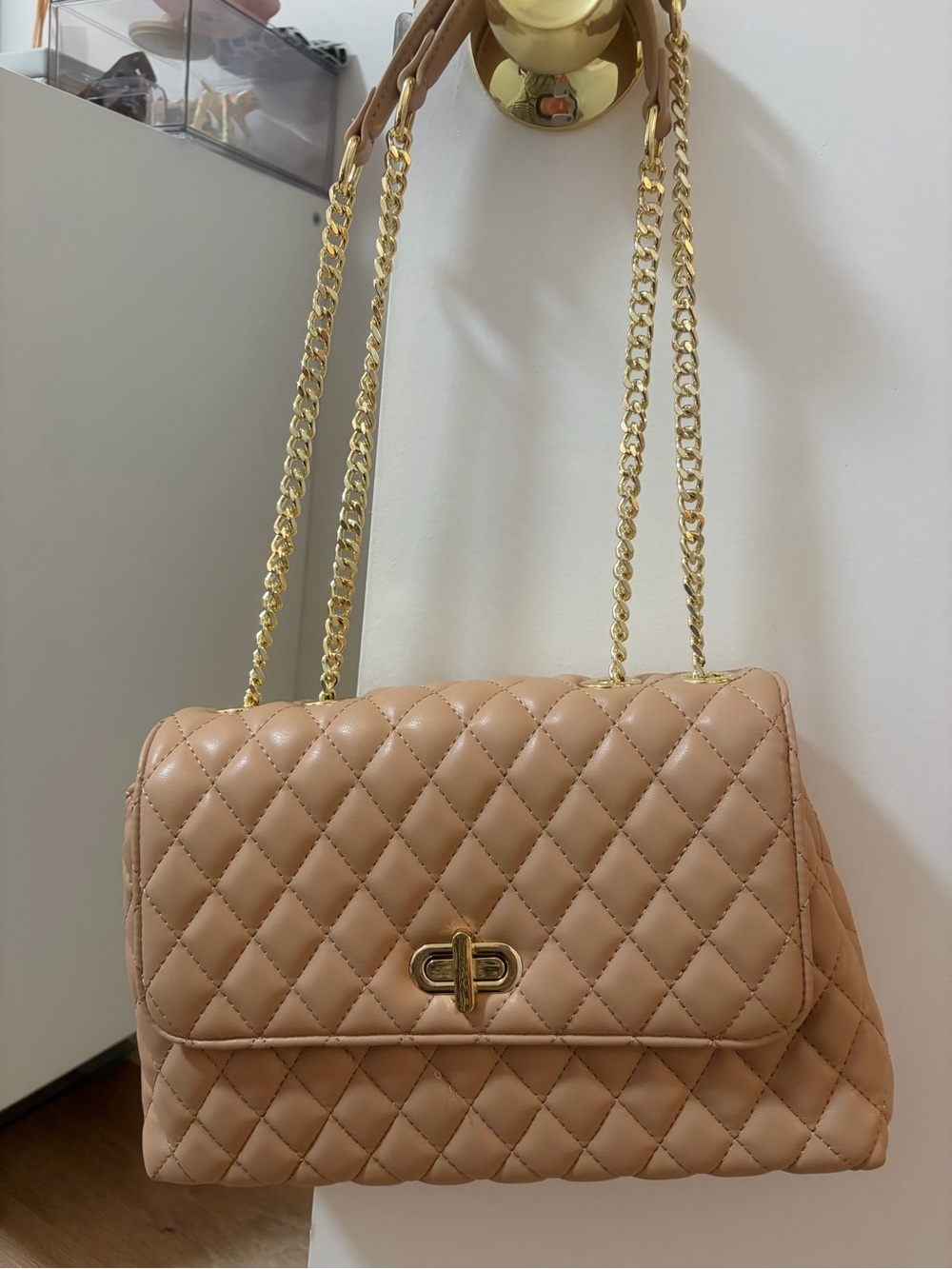 Quilted Beige Chain-Handle Shoulder Bag